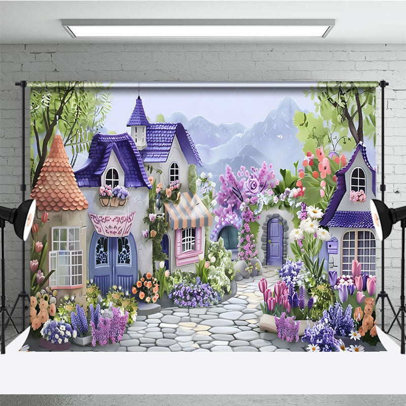 Lofaris Painted Fairy Town Purple Floral Mountain Backdrop