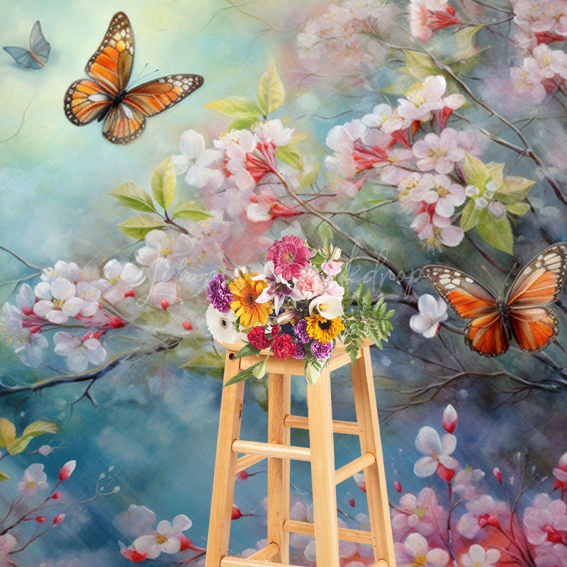 Lofaris Painted Pink Blossoms Butterfly Floral Photo Backdrop