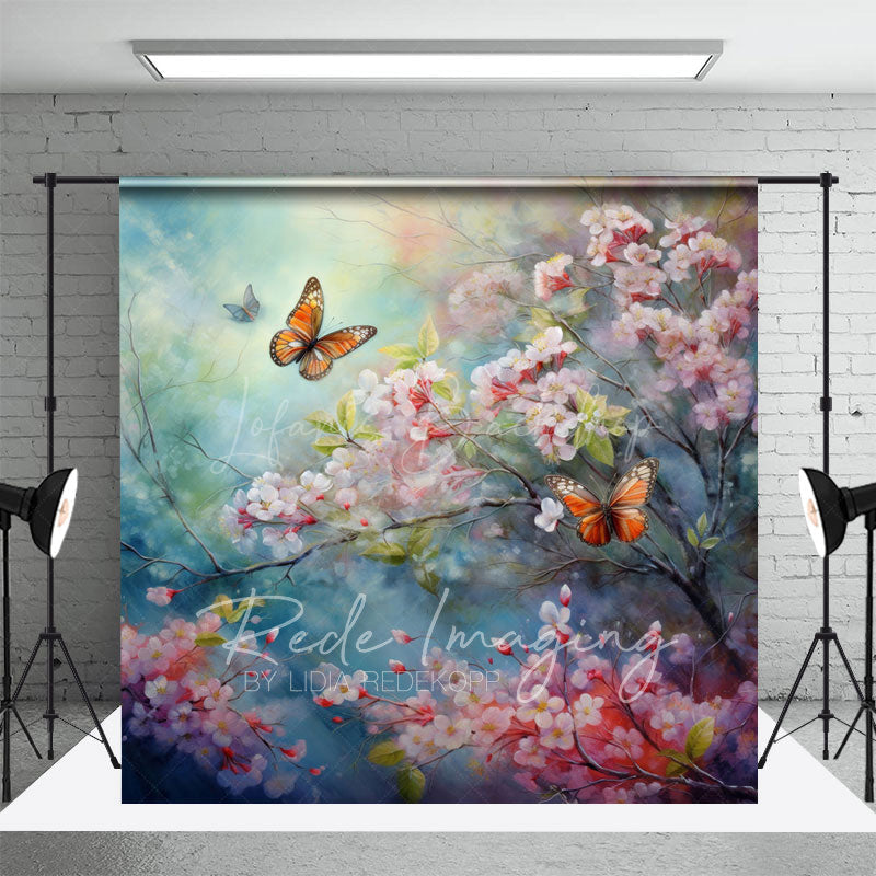 Lofaris Painted Pink Blossoms Butterfly Floral Photo Backdrop