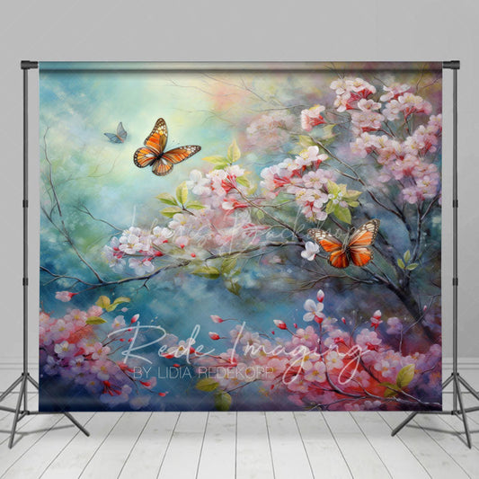 Lofaris Painted Pink Blossoms Butterfly Floral Photo Backdrop