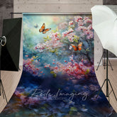 Lofaris Painted Pink Blossoms Butterfly Floral Sweep Backdrop