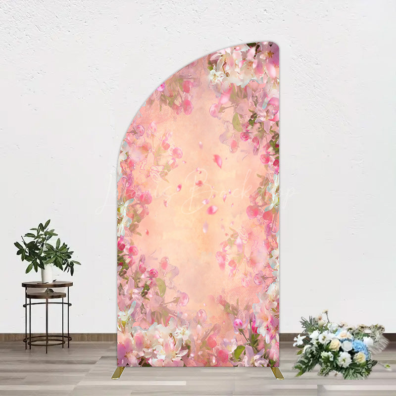Lofaris Painted Pink Floral Leaves Birthday Half Moon Arch Backdrop
