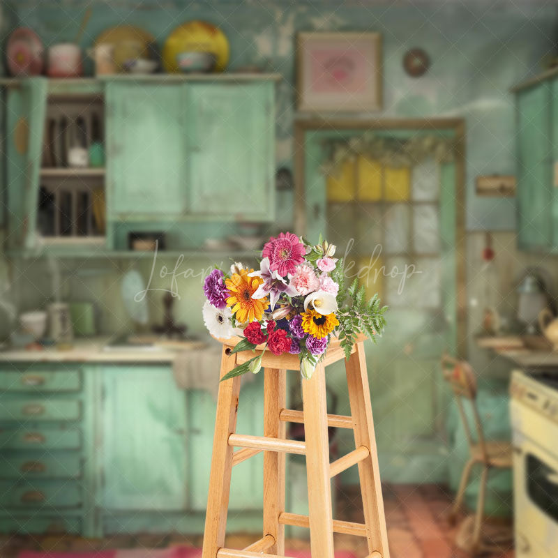 Lofaris Painted Rural Green Retro Kitchen Photo Backdrop