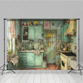 Lofaris Painted Rural Green Retro Kitchen Photo Backdrop