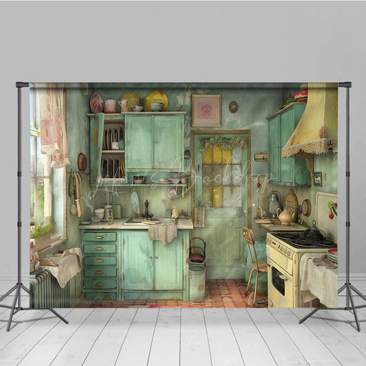 Lofaris Painted Rural Green Retro Kitchen Photo Backdrop