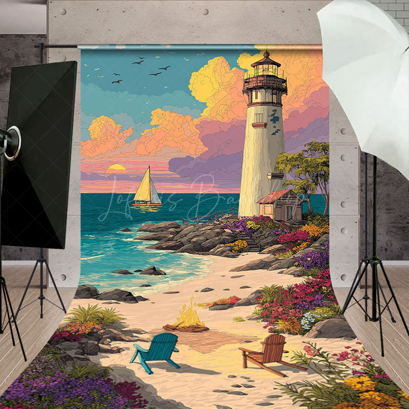 Lofaris Painted Sandy Beach Lighthouse Summer Sweep Backdrop