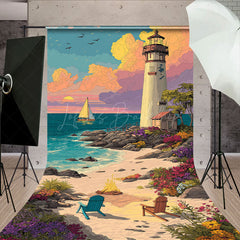 Lofaris Painted Sandy Beach Lighthouse Summer Sweep Backdrop