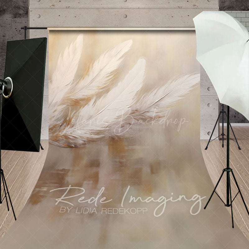 Lofaris Painted White Neutral Feathers Fine Art Sweep Backdrop
