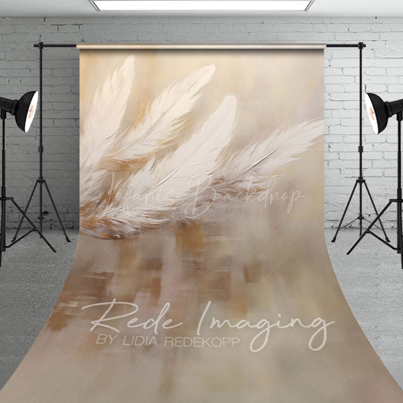 Lofaris Painted White Neutral Feathers Fine Art Sweep Backdrop