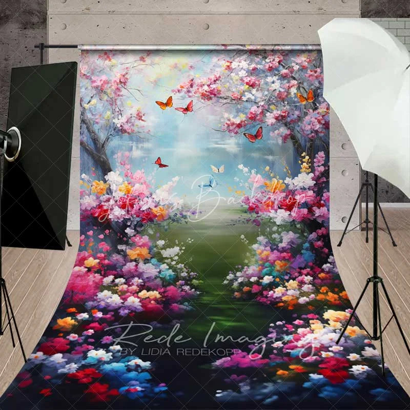 Lofaris Painterly Spring Cherry Blossom Backdrop Vibrant Colorful Flowers Butterflies Lake Photography Background