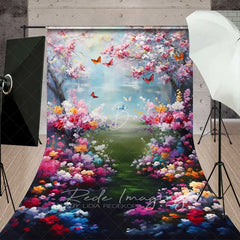 Lofaris Painterly Spring Cherry Blossom Backdrop Vibrant Colorful Flowers Butterflies Lake Photography Background