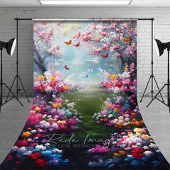 Lofaris Painterly Spring Cherry Blossom Backdrop Vibrant Colorful Flowers Butterflies Lake Photography Background