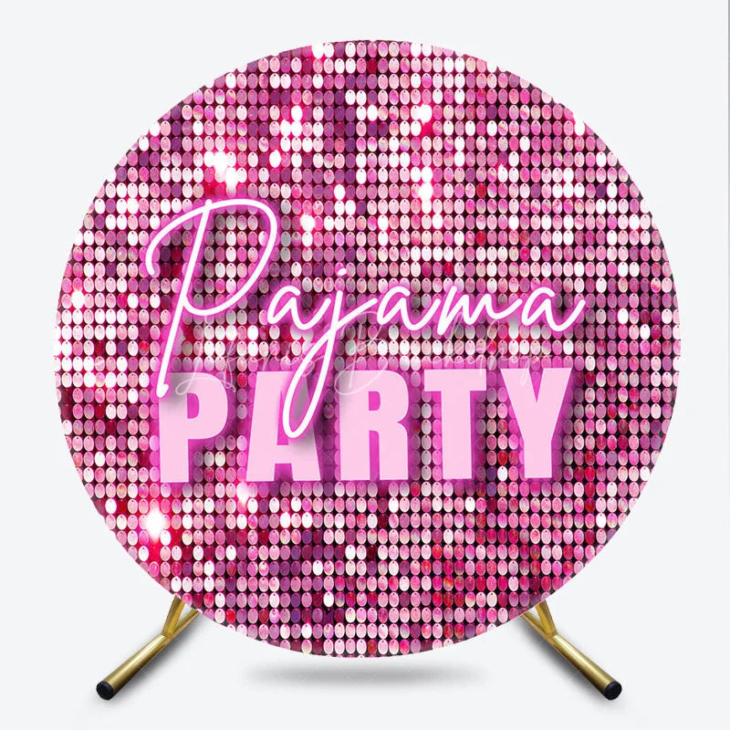 Lofaris Pajama Party Round Backdrop for Girls Birthday Pink Sequin Disco Theme Fun Slumber Photo Booth Decor