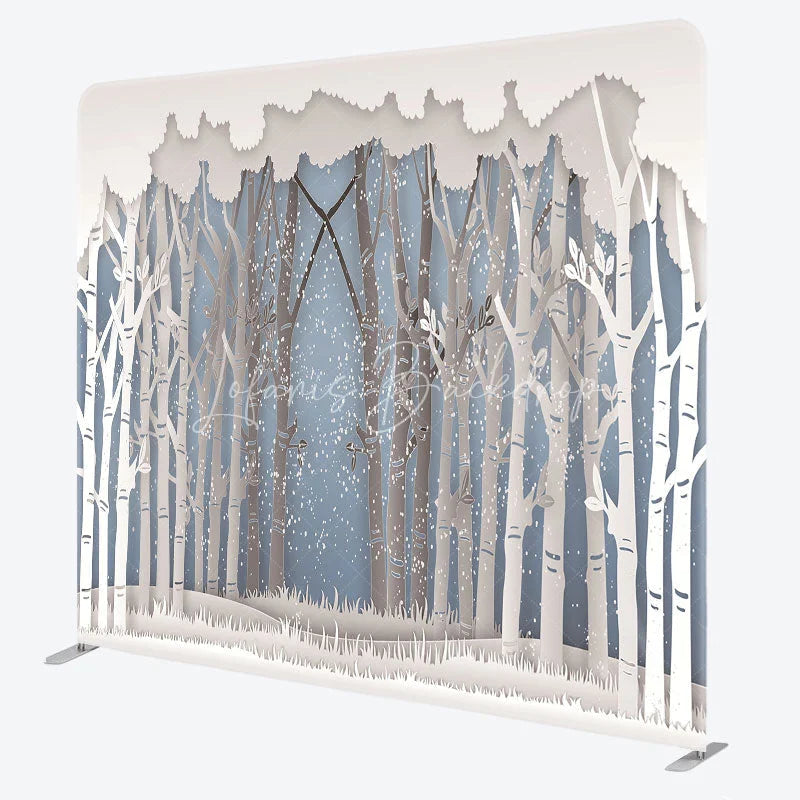 Lofaris Paper Cut Winter Forest Double-Sided Tension Fabric Backdrop Birch Trees in Snow Holiday Party Photo Booth