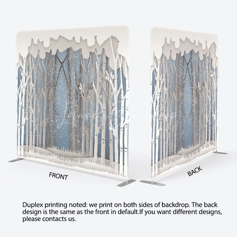 Lofaris Paper Cut Winter Forest Double-Sided Tension Fabric Backdrop Birch Trees in Snow Holiday Party Photo Booth