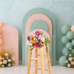 Lofaris Pastel Arch Panels Cake Smash Backdrop Pink and Sage Green Balloons Modern First Birthday Photography Prop