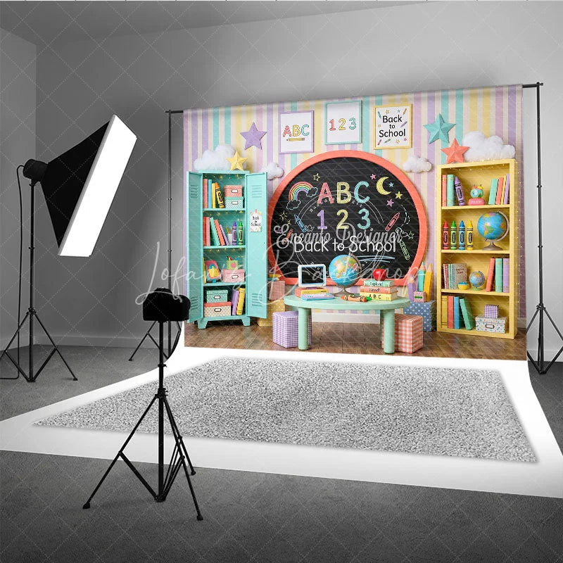Lofaris Pastel Back to School Classroom Photography Backdrop with Chalkboard Books Crayons for Kids’ Learning Theme