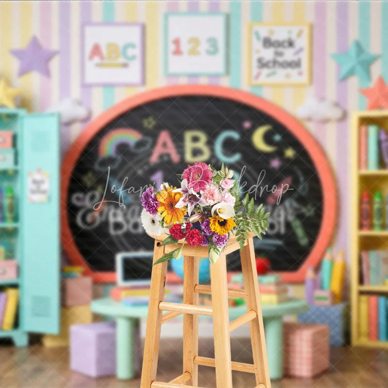 Lofaris Pastel Back to School Classroom Photography Backdrop with Chalkboard Books Crayons for Kids’ Learning Theme