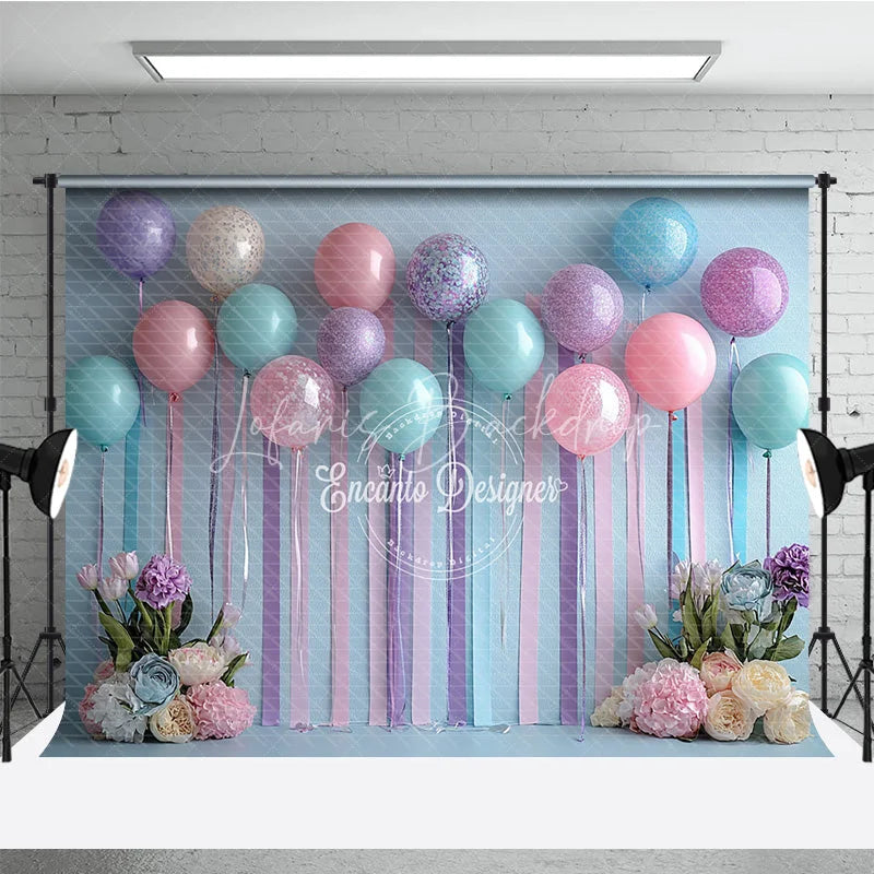 Lofaris Pastel Balloon and Streamer Photography Backdrop Pink Blue Purple for Wedding or Birthday Party Photo Booth