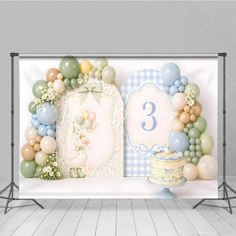 Lofaris Pastel Blue Green Beige Goose and Number 3 Photography Backdrop Whimsical Third Birthday Party Decor