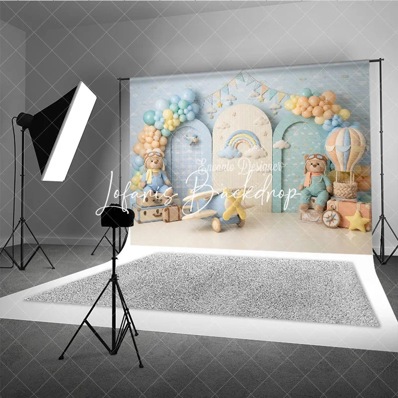 Lofaris Pastel Blue Hot Air Balloon and Airplane Photography Backdrop with Teddy Bear Rainbow Clouds for Birthday