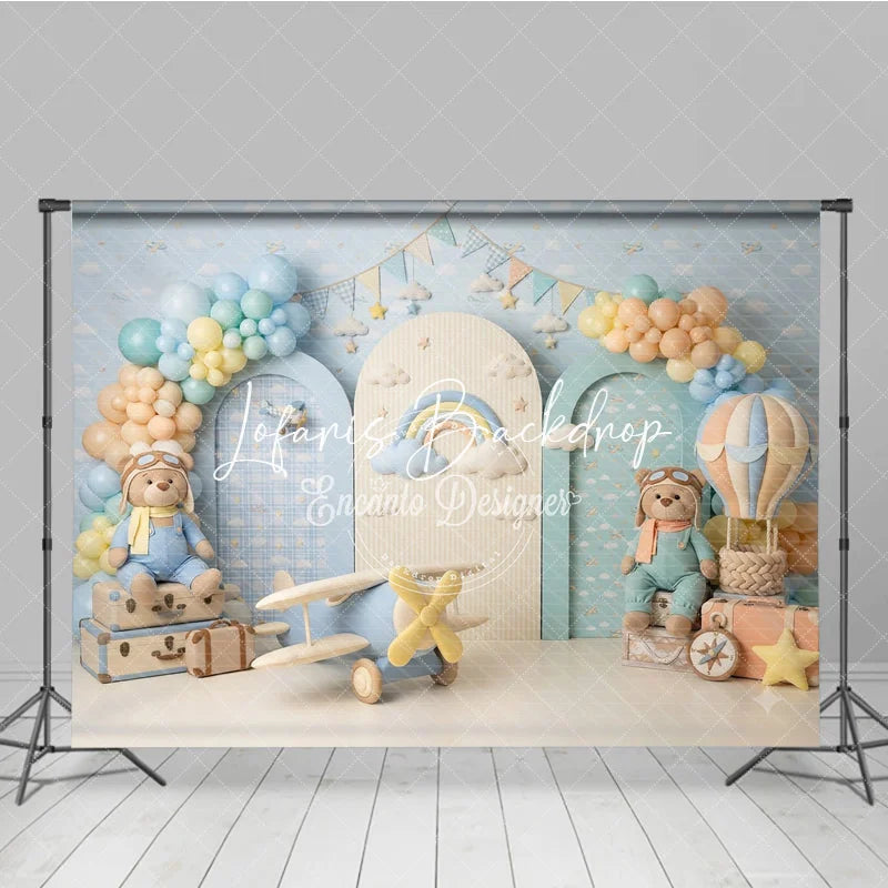 Lofaris Pastel Blue Hot Air Balloon and Airplane Photography Backdrop with Teddy Bear Rainbow Clouds for Birthday