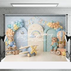 Lofaris Pastel Blue Hot Air Balloon and Airplane Photography Backdrop with Teddy Bear Rainbow Clouds for Birthday