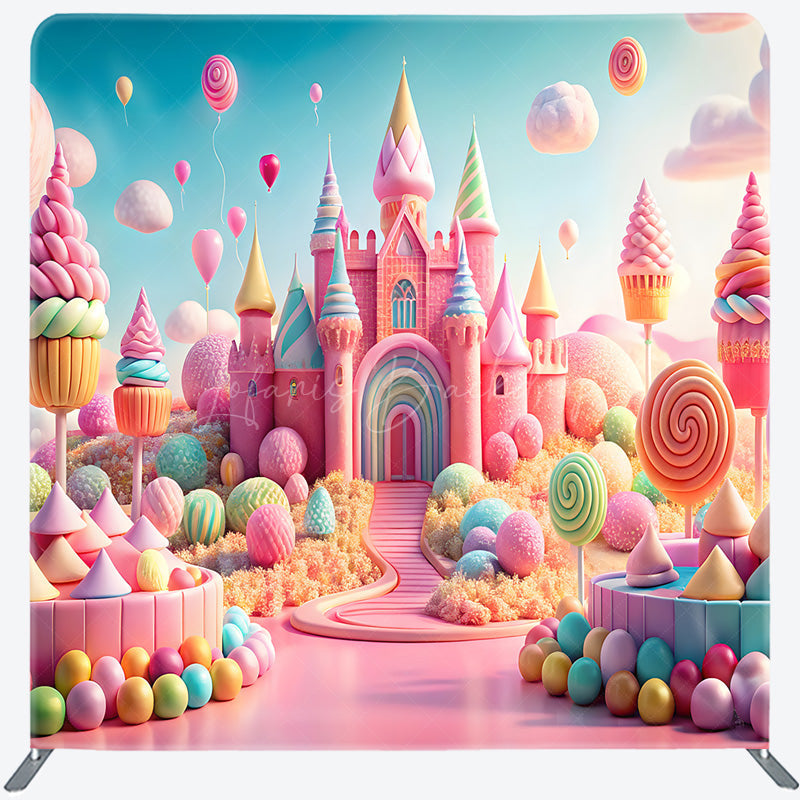Lofaris Pastel Candyland Castle Tension Fabric Backdrop Sweet Shoppe with Lollipops Cupcakes Princess Birthday Party Photo Background