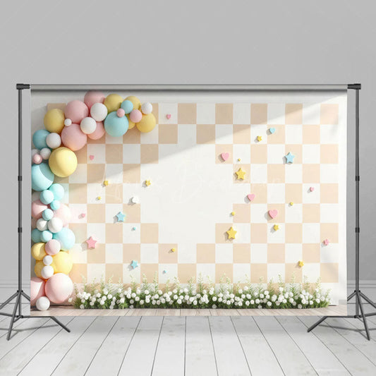 Lofaris Pastel Checkered Balloon Floral Cake Smash Backdrop