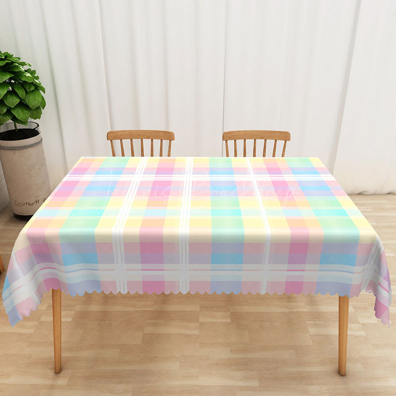 Lofaris Pastel Checkered Rectangle Tablecloth in Blue Yellow and Pink for Spring Easter Baby Shower