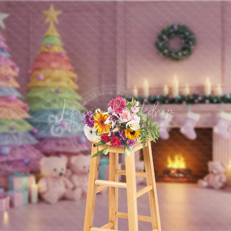 Lofaris Pastel Christmas Photography Backdrop with Rainbow Trees Pink Fireplace and Teddy Bears Whimsical Holiday Decor