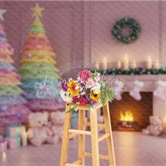 Lofaris Pastel Christmas Photography Backdrop with Rainbow Trees Pink Fireplace and Teddy Bears Whimsical Holiday Decor