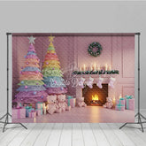 Lofaris Pastel Christmas Photography Backdrop with Rainbow Trees Pink Fireplace and Teddy Bears Whimsical Holiday Decor
