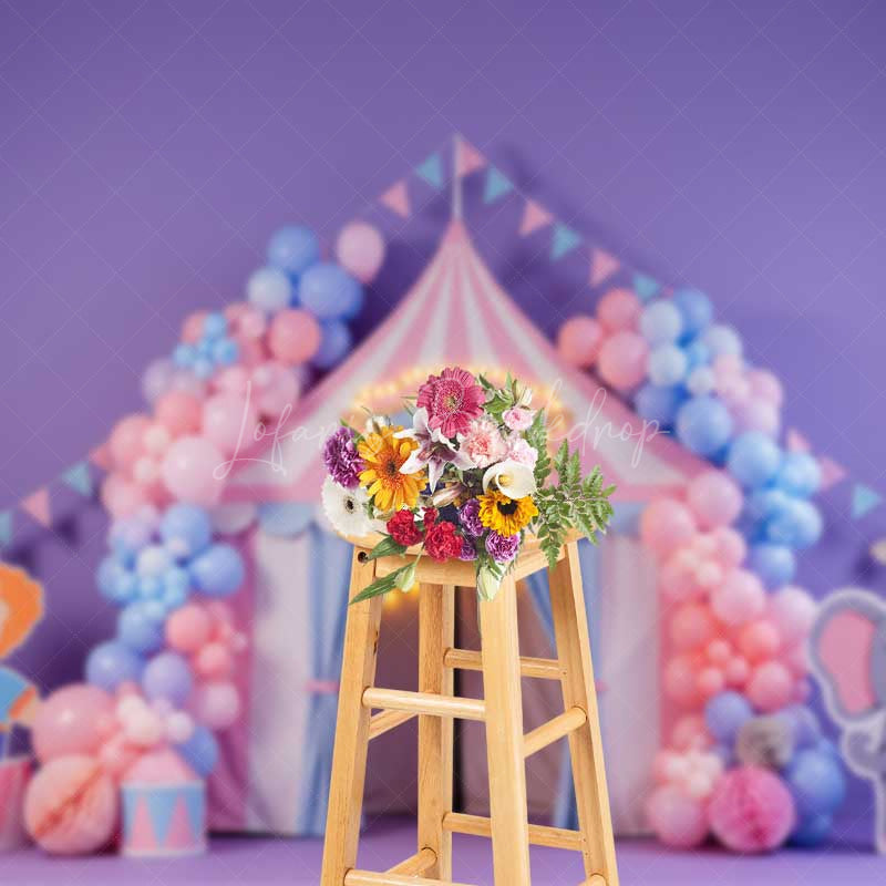 Lofaris Pastel Circus Cake Smash Photography Backdrop Pink and Blue Tent with Balloons Boy or Girl First Birthday Photo Prop