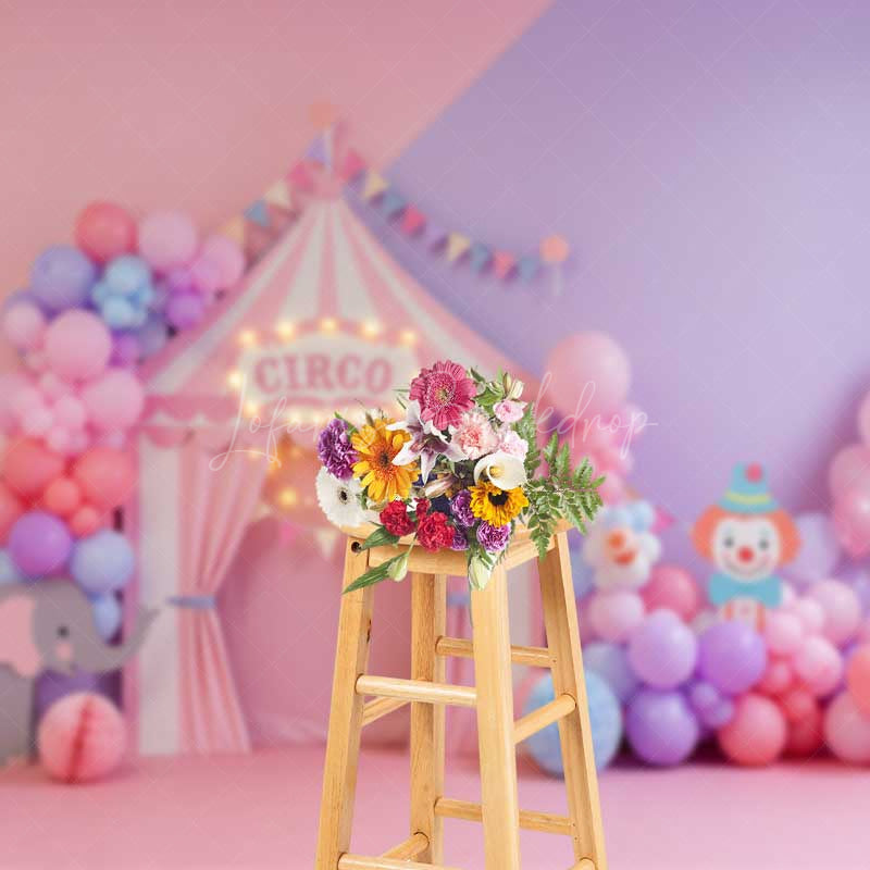 Lofaris Pastel Circus Cake Smash Photography Backdrop Pink and Purple Tent with Balloons Girl’s First Birthday Photo Prop