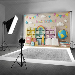 Lofaris Pastel Classroom Back To School Backdrop Bookshelves Globe Open Book Background Kindergarten Photography Prop