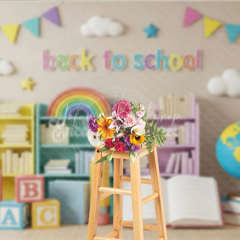 Lofaris Pastel Classroom Back To School Backdrop Bookshelves Globe Open Book Background Kindergarten Photography Prop