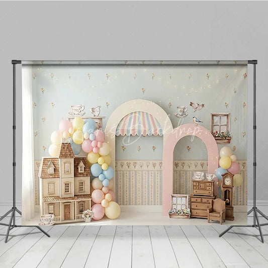 Lofaris Pastel Dollhouse and Tea Party Photography Backdrop Whimsical Floral Wallpaper Baby Shower Birthday Decor