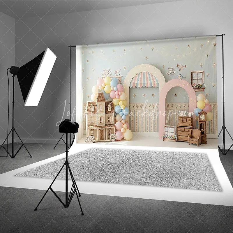 Lofaris Pastel Dollhouse and Tea Party Photography Backdrop Whimsical Floral Wallpaper Baby Shower Birthday Decor