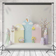Lofaris Pastel Easter Backdrop Bunny on Cloud Hot Air Balloon Gift Box Photography Background Spring Party Decoration