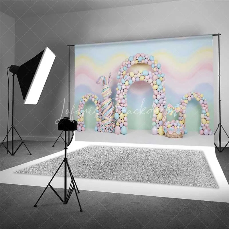 Lofaris Pastel Easter Backdrop Colorful Egg Arches Abstract Bunny Ribbon Photography Background Baby Shower Decoration