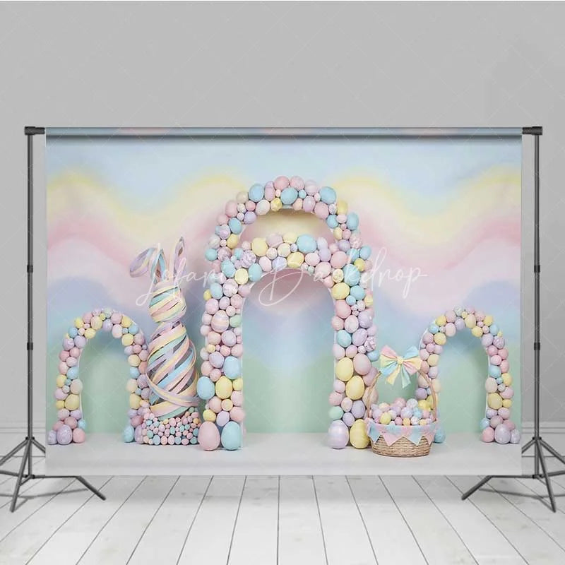 Lofaris Pastel Easter Backdrop Colorful Egg Arches Abstract Bunny Ribbon Photography Background Baby Shower Decoration