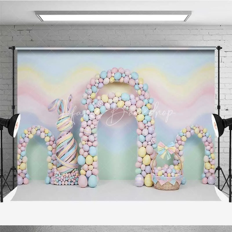 Lofaris Pastel Easter Backdrop Colorful Egg Arches Abstract Bunny Ribbon Photography Background Baby Shower Decoration