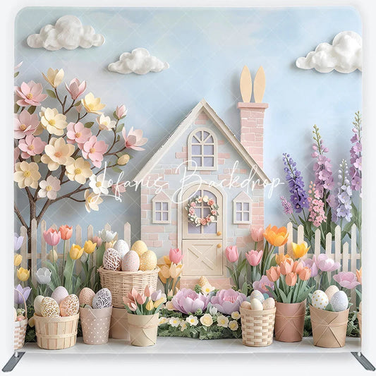 Lofaris Pastel Easter House and Spring Flowers Square Double-Sided Backdrop Whimsical Blossoming Tree Decorative Eggs