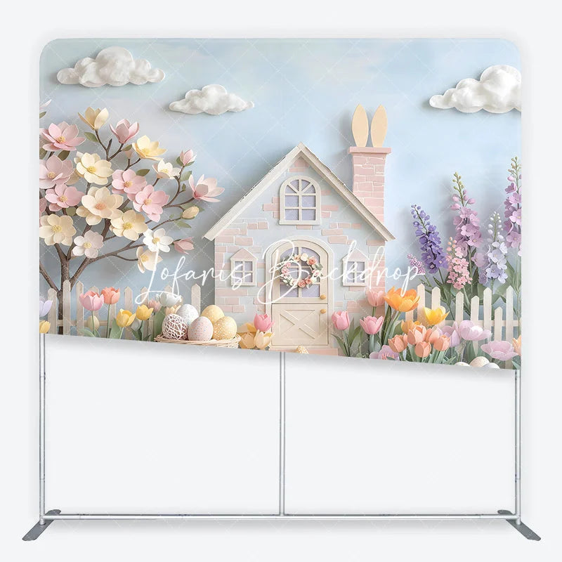 Lofaris Pastel Easter House and Spring Flowers Square Double-Sided Backdrop Whimsical Blossoming Tree Decorative Eggs