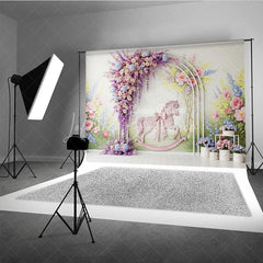 Lofaris Pastel Floral Arch and Pink Rocking Horse Photography Backdrop Whimsical Garden Baby Shower Birthday Party Decor