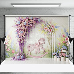 Lofaris Pastel Floral Arch and Pink Rocking Horse Photography Backdrop Whimsical Garden Baby Shower Birthday Party Decor