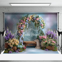 Lofaris Pastel Floral Arch Photography Backdrop Pink Blue and Yellow Roses Spring Garden Wedding Photo Background