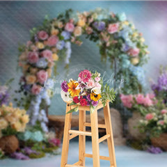 Lofaris Pastel Floral Arch Photography Backdrop Pink Blue and Yellow Roses Spring Garden Wedding Photo Background