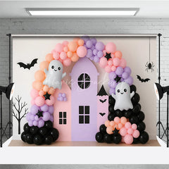 Lofaris Pastel Halloween Balloon Arch Photography Backdrop Cute Ghost with Pink and Purple Haunted House Girly Spooky Party